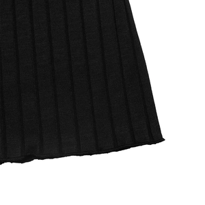 Detail view of black ribbed knit fabric showing the vertical texture and fine hem edges