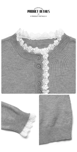 Close-up of grey knit cardigan featuring delicate white floral lace collar and buttons