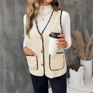 Damen V-Ausschnitt Fleece Weste in Creme mit schwarzen Kontrastnähten und Taschen