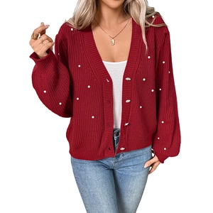 Red V-neck knit cardigan with pearl beads and lantern sleeves for women Christmas style