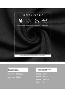 Detail of moisture-wicking black knit fabric with S9558 dress sizing and model info