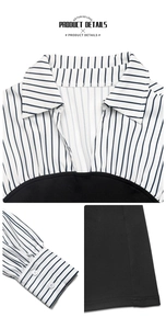 Detail of shirt collar V-neck and striped cuffs on elegant two-piece style dress