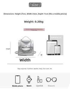 Detailed size guide and capacity chart for silver oil-wax leather backpack 27x33x11cm