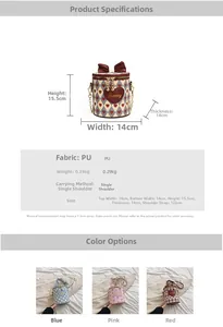 Detailed product dimensions and color options for the heart pattern PU bucket bag