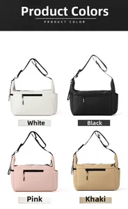 Dettaglio di grandi borse a tracolla in nylon nei colori bianco, nero, rosa e kaki