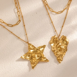 Double-layered 18k gold stainless steel necklace with star and heart hammered pendants