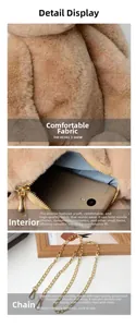 Macro detail of plush rabbit bag showing blue zip lining and gold chain strap