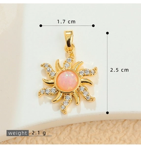 Golden sun pendant with pink opal and white zircons on a minimalist pedestal