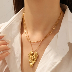 Double layered 18k gold plated necklace with irregular heart pendant and paperclip chain