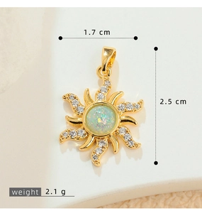 Detail of sun star pendant with white opal center and zircon accents, 2.5cm size