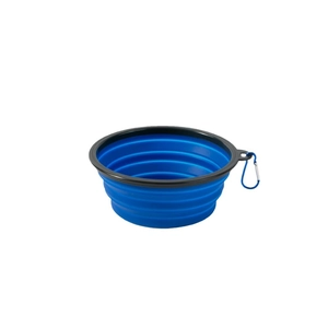 Faltbarer blauer Silikon-Napf für Haustiere mit schwarzem Rand und Metallkarabiner