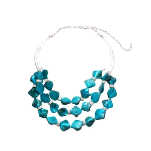 Three-layer Bohemian beaded necklace with blue turquoise stones and adjustable silver chain