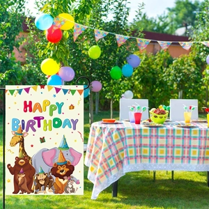 Drapeau de jardin Happy Birthday avec animaux de la jungle pour décoration de fête en plein air