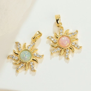 Bohemian gold sun star pendant set with green and pink opal gems and zircon accents