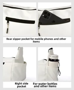 Dettaglio borsa in nylon bianco con tasca posteriore a zip e scomparto laterale per borraccia
