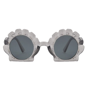 Kids shell-shaped sunglasses with silver glitter frames and round dark grey lenses