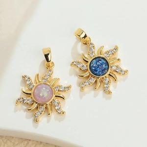 Bohemian gold sunburst pendants with sparkling zircon and opal center stones for necklaces