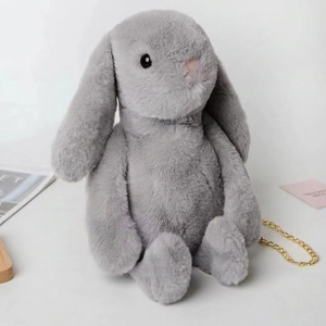 Cute grey plush bunny chain bag with long ears and golden metal strap for women