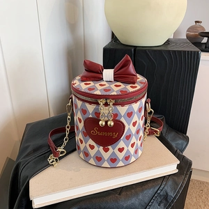 Women Sweet Cylinder Bucket Bag Bowknot Heart Gingham PU Leather Crossbody Bag Gold Chain Strap Fashion Handbag