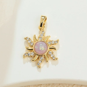 Bohemian gold sun pendant with pink opal and white zircon crystals for jewelry making