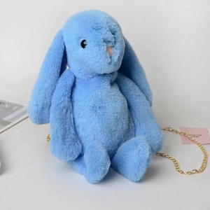 Cute light blue plush bunny shoulder bag with golden chain strap for women