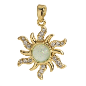 Golden bohemian sunburst pendant with opal center and zircon rays for DIY necklaces