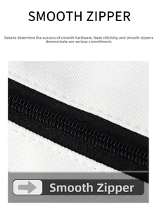 Dettaglio ravvicinato della cerniera nera e delle cuciture bianche precise sulla borsa in nylon