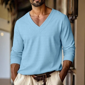 Men V Neck Long Sleeve T-Shirt Jacquard Waffle Texture Cotton Blend Casual Pullover Top For Autumn Winter Fashion
