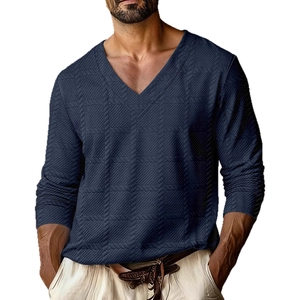 Men's long sleeve navy V-neck polo shirt featuring textured knit herringbone patterns