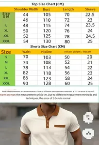 Size chart for men waffle knit polo shirt and shorts set with detailed measurements