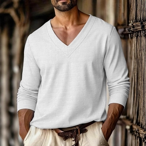 Men's white long sleeve V-neck polo shirt featuring intricate jacquard knit texture