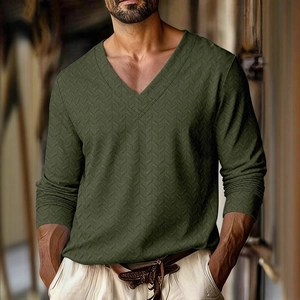 Men's olive green long sleeve V-neck polo shirt with premium zigzag textured knit pattern