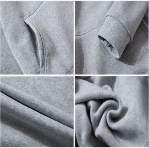 Detailed views of grey hoodie fabric texture, ribbed cuffs and warm fleece lining