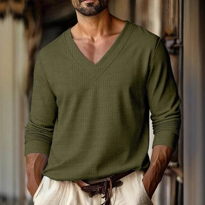 Men's olive green long sleeve V-neck polo shirt featuring a textured jacquard knit fabric