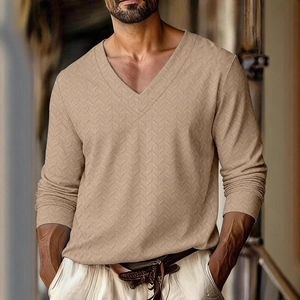 Men's long sleeve V-neck polo shirt with textured knit pattern in warm sand khaki color