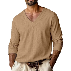 Men's V-neck long sleeve polo shirt in sand brown featuring textured jacquard fabric