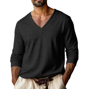 Men's black long sleeve V-neck polo shirt with premium herringbone knitted texture