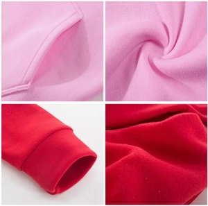 Detail of hoodie kangaroo pocket, ribbed cuffs and soft fleece lining in pink and red