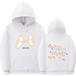 White 3D astronaut hoodie with orange outlines and Spanish text on both sides