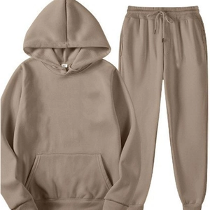 Detail view of khaki sports tracksuit showing drawstring hoodie and matching jogger pants