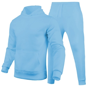 Flat lay of sky blue men's hoodie and matching joggers sports set on white background