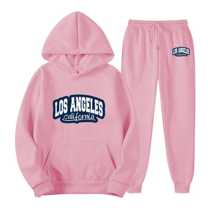 Tuta sportiva da uomo rosa con cappuccio, stampa Los Angeles e pantaloni con coulisse