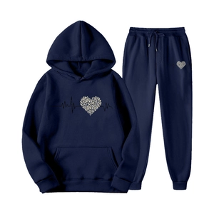 Dark blue tracksuit set with hooded sweatshirt and leopard heart heartbeat 3D print