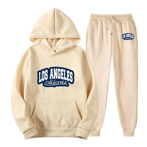 Tuta da uomo beige con felpa con cappuccio stampa Los Angeles e pantaloni sportivi