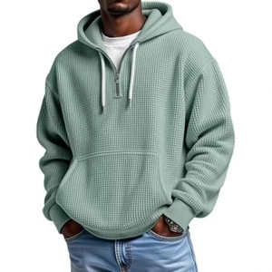 Sweat à capuche homme vert sauge en maille gaufrée avec demi-zip et poche kangourou