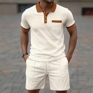 Men's Waffle Texture Polo Shirt And Shorts Casual Color Block Outfit Short Sleeve Lapel Top Summer Leisure Clothing