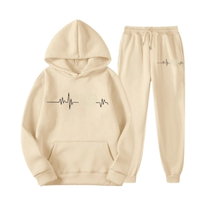 Detail of knit hoodie set with heartbeat print and adjustable drawstring waistband