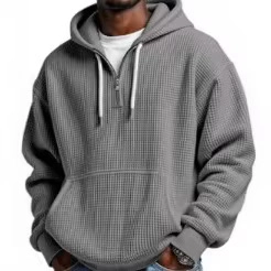 Sweat à capuche homme en maille gaufrée grise avec demi-zip et poche kangourou frontale