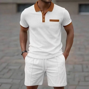 Men's white waffle knit two-piece short set with brown polo collar and drawstring shorts