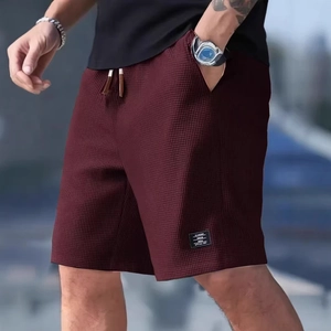 Men's heavyweight waffle texture shorts in burgundy with adjustable drawstring waist